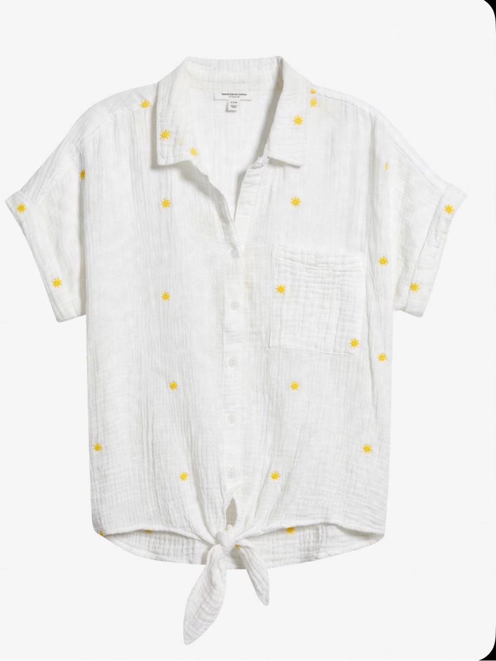 Beachlunchlounge Rosie Embroidered Tie Front Short Sleeve Button Up Shirt